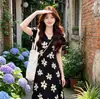 Vestido Elegante Negro Floral Estilo Francés Talla Plus, Nuevo Modelo de Verano, Corte Ajustado, Vestido Largo que Disimula la Barriga