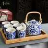 Juego de Té para el Hogar de Porcelana Azul y Blanca Retro con Filtro Tetera Cerámica Tazas de Té Olla con Asa Juego de Té