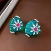 Brincos e colar florais estilo vintage europeu e americano cravejados com diamantes azul turquesa, corrente para clavícula de luxo discreto, conjunto de joias de alta qualidade