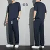 Conjunto de Moda Casual de Color Sólido para Hombre de Verano: Top Holgado de Manga Corta con Cuello Redondo y Pantalones de Pierna Ancha, Pantalones Rectos Finos