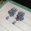 Pendientes de Flor de Piedra de Color de Aguja de Plata de Alta Resistencia Pendientes de Diseño Vintage Pendientes de Lujo Ligero Pendientes de Gama Alta