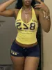 Top halter con estampado digital retro americano con cordón de color contrastante, shorts de tiro bajo, conjunto sexy deportivo de dos piezas