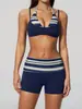 Conjunto de Fitness Plegado a la Cintura con Rayas de Bloque de Color Europeo y Americano para Mujer, Espalda Descubierta, Sujetador Deportivo, Shorts de Yoga Ajustados