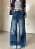 Foto real~ Jeans vintage de cintura alta e perna larga para mulheres, novo modelo outono 2026, com desfiados e bolsos traseiros com aba, calça longa que afina