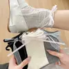Meias com laço de renda, meias femininas de cano médio, meias finas de algodão para primavera e verão, sem costura, design com babados, estilo coreano e japonês, meias da moda para meninas