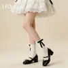 Calcetines Elegantes de Algodón Puro para Mujer, Calcetines Finos de Verano hasta la Mitad de la Pantorrilla, Antibacterianos y Resistentes al Olor, Calcetines Fruncidos con Lazo, Calcetines Lolita