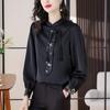 Nueva Camisa Negra Estilo Chino Cuello Botón Satín de Ácido Acético Manga Larga Primavera y Otoño Nueva Camisa Top para Mujer