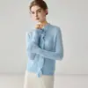 Elegante cardigã suéter de outono 100% caxemira pura para mulheres, gola redonda, com acabamento plissado, oferecendo um visual de tricô sofisticado e de caimento solto