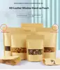 Bolsa de Papel Kraft con Base y Cierre de Cremallera con Ventana | Bolsa Engrosada Reutilizable para Frutos Secos, Frutas Deshidratadas, Té y Snacks | Almacenamiento Hermético con Notch Fácil de Abrir