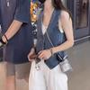 Moda coreana Casual de moda Chaleco de mezclilla Chaqueta para mujer Verano Estilo extranjero Moda Holgado Apilado Cuello en V Chaleco