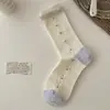Calcetines Rayados con Diseños de Sal de Leche y Helado para Mujer, Calcetines de Algodón de Media Pantorrilla para Primavera y Otoño, Esquema de Colores Azul Fresco con Puntos Contrastantes y Diseño Floral, Calcetines Caídos