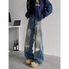 Vibe da Rua Principal Americana Estilo Deserto Jeans Falso Rasgado Desgastado Masculino Solto Reto Bonito Retro Calça Suja