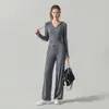 Conjunto de Yoga Adelgazante y Favorecedor para Mujer Otoño/Invierno Camiseta Deportiva de Manga Larga Pantalones de Pierna Ancha de Pilates Fitness con Caída