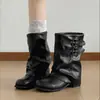 Botas vaqueras estilo western retro coreano con hebilla de cinturón, nuevo modelo otoño 2026, botas de tacón grueso apilado, botas de montar para mujer hasta la pantorrilla