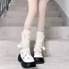 Cubrepiés de punto trenzado blanco con pompón para otoño e invierno para mujer, calentadores de piernas estilo JK lindos japoneses, calcetines de felpa rosa con lazo Lolita