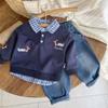 Conjunto de Roupa de Outono Tendência e Estiloso para Meninos de Bebê, Roupa Infantil de Duas Peças com Estampa de Cachorro de Manga Longa para Crianças Pequenas