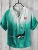 Camisa Polo de Hombre con Cuello en V Estampado Digital 3D, Lino de Bambú, 3 Materiales, Botones, Estilo Ukiyo-e Japonés, Transpirable y que Absorbe la Humedad