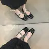 Zapatos Mary Jane estilo falda con botones, zapatos planos de punta cuadrada para mujer, lentejuelas plateadas, nuevo estilo nicho francés 2026, estilo de hada