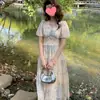 Elegante Vestido Floral Francés para Mujer Verano Cintura Alta Aspecto Adelgazante Cuello en V Mangas Abullonadas Dulce y Salado Vestido Hada Pastel