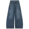 Jeans de Lino Azul Profundo con Estampado Plateado Caliente de Cintura Alta con Felpa para Mujer 2026 Otoño/Invierno Nuevo Estilo Adelgazantes Casuales Sueltos