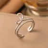 Anillo Abierto Lindo Estilo Coreano con Orejas de Conejo para Mujer, Creativo Pequeño Fresco Anillo para el Dedo Índice con Hoja de Diamante y Bambú
