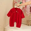 Roupas de Bebê para 100 Dias de Verão, Macacão Bebê Fino de Manga Curta Estilo Chinês para Mês Completo, Roupa da Dinastia Han