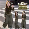 Conjunto Casual de Otoño para Niñas: Conjunto de Dos Piezas para Niñas: Camiseta de Manga Larga con Rayas Otoñales y Pantalones Cargo Holgados de Pierna Ancha