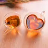 Taza de Café de Vidrio de Doble Pared con Forma de Corazón para el Hogar, Taza de Jugo con Aislamiento Térmico, Taza de Agua y Leche de Vidrio de Alto Borosilicato, Taza de Té con Asa, Venta al por Mayor
