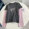 Conjunto Casual de Dos Piezas Estilo Coreano con Camiseta de Manga Larga con Estampado de Pony de Dibujos Animados en Tejido Cepillado y Elegante Diseño de Retazos