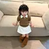 Estilo Coreano 2026 Verano Nuevo Top de Punto Retorcido con Cuello Polo Manga Corta Estilo Academia para Niñas Falda Blanca de Corte A