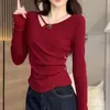 Camiseta Asimétrica de Manga Larga de Color Sólido para Mujer, Estilo "Chica Picante", Camiseta Base para Otoño e Invierno con Diseño Único, Top Corto Ajustado de Nicho