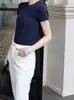 Moda Simples Malha de Trança Gola Redonda 100% Lã Manga Curta Feminino Temperamento Cropped Camada Base Manga Meia Manga Top Camiseta Tendência