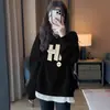 Sudadera de cuello redondo sin capucha para mujer, Nueva popular estilo europeo Primavera y Otoño 2026, Corte holgado para figuras petite, Hombro normal, Top grueso con forro polar para invierno