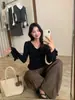 Suéter de punto francés con cuello alto y mangas acampanadas para mujer, otoño e invierno, elegante, ajustado, top favorecedor