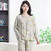 Novos pijamas de algodão e seda para mulheres, conjunto de manga longa para primavera e outono, folgado plus size para casa, pode ser usado fora, camiseta casual