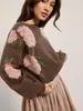 Suéter de Punto Jacquard Floral de Nueva Colección Otoño-Invierno 2026 con Cuello de Una Línea para Mujer Estilo Coreano Holgado Casual Estilo Perezoso