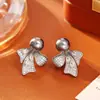Pendientes Populares de Perlas con Lazo Totalmente Incrustados de Diamantes, Pendientes de Moda Exquisitos de Dos Formas de Llevar, Pendientes Retro Franceses