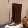 Bota Fashion de Cano Reto Versátil com Cano Largo, Bico Quadrado, Salto Anabela Alto, Bota de Cano Alto, Moda Simples, Couro Macio, Novo Estilo Outono Inverno
