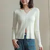 Cárdigan de punto pequeño para mujer con cuello en V, nuevo suéter abrigo de manga larga ajustado para primavera y otoño, top versátil de color liso