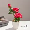 Rosa de Tres Cabezas Pequeño Bonsái Flor Artificial Decoración del Hogar Flor Artificial Boda Interior Pequeños Adornos Planta Verde Artificial Planta en Maceta