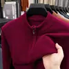 Nuevo suéter de lana de cuello medio alto para hombre, con media cremallera, color liso, cálido tejido de punto, camiseta base agradable para la piel
