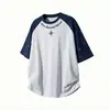 Camiseta de Manga Raglan Curta com Cor Contrastante para Homens, Estilo Verão, Estampa de Estrela e Letras, Camiseta de Algodão Puro Retrô Americana Q
