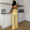 Conjunto de pijama de dos piezas para mujer estilo 'hot girl' europeo y americano, con top sin mangas de cuello halter, espalda descubierta y amarre, y pantalones de pierna ancha con cintura elástica