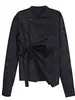 Nova Camisa Preta Jacquard de Manga Longa Estilo Chinês com Gola Alta para Mulheres Outono Nova Chic Elegante Top com Amarração na Cintura