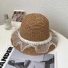 Sombrero de Paja para Mujer con Lazo de Encaje y Ganchillo Hueco Sombrero de Sol de Verano Sombrero Solar Moda Plegable Sombrero de Cubo