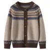 Cardigã de malha de cashmere infantil para outono e inverno, com estilo étnico retrô e padrão Fair Isle, uma peça de outer wear macia de cashmere para crianças mais velhas