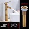 Grifo de Estilo Antiguo Europeo de Cobre Completo Grifo Retro con Junta de Bambú para Lavabo Individual Frío Lavabo Artístico Lavabo de Encimera Grifo de Agua Fría y Caliente