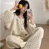 Pijama de Sandwich de Aire Nuevo para Otoño e Invierno para Mujer, Cárdigan de Encaje con Cuello Redondo, Mangas Largas y Pantalones, Dulce Conjunto de Ropa para el Hogar