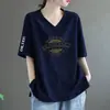 Camiseta de Manga Corta de Algodón de Imitación Estilo Nuevo para Mujer, Verano Estampada Cuello en V Holgada Talla Grande Moda Casual Tops para Mediana Edad