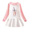 2023 Transfronterizo Nuevo Ropa Infantil Primavera y Otoño Sudadera de Dibujos Animados Vestido de Niña Algodón Color de Contraste Estilo Occidental Falda Plisada